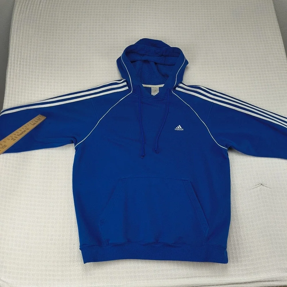 Adidas Mens Large Blue 3-Stripes Raglan Pullover Hoodie Sweatshirt Vintage Style